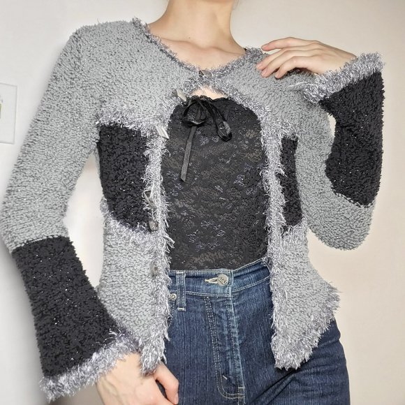 Zenia Sweaters - Y2K fluffy color-blocked navy & grey bell-sleeved cardigan with crystal buttons